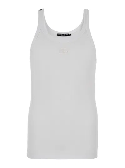Dolce & Gabbana White Sleeveless Top With Logo Embroidery On The Front And Ribbed Knit In Cotton Man In Gray