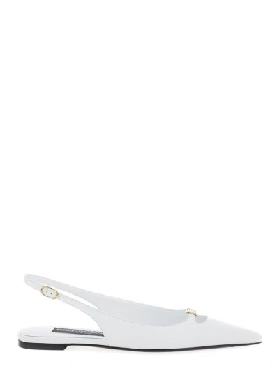 DOLCE & GABBANA DOLCE & GABBANA WHITE SLINGBACK BALLET FLATS WITH LOGO DETAIL IN LEATHER