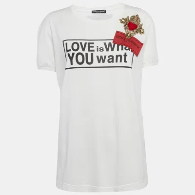 Pre-owned Dolce & Gabbana White Slogan Print Embroidered Cotton T-shirt S