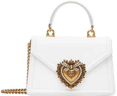Dolce & Gabbana White Small Smooth Calfskin Devotion Bag In 80002 Optical White