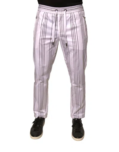 Dolce & Gabbana White Stripe Cotton Dress Skinny Men's Pants In Gray