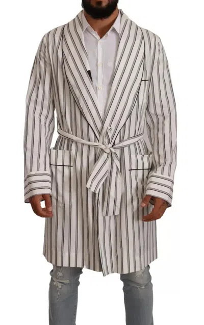Pre-owned Dolce & Gabbana White Striped Cotton Robe Coat Wrap Men's Jacket ()