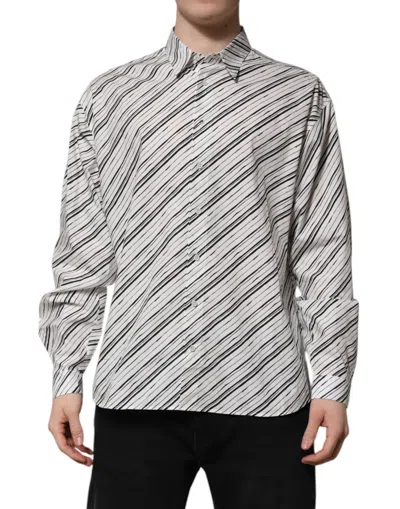 Dolce & Gabbana White Striped Long Sleeves Men Formal Shirt In Gray