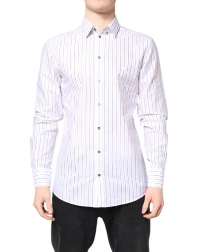 Dolce & Gabbana White Stripes Cotton Gold Formal Dress Shirt
