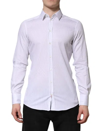 DOLCE & GABBANA WHITE STRIPES COTTON LONG SLEEVE FORMAL SHIRT