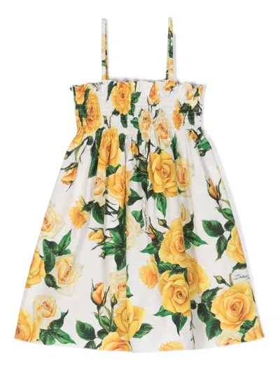 Dolce & Gabbana Kids' White Sundress With Yellow Rose Print