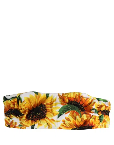 Dolce & Gabbana White Sunflower Print Bandeau Beachwear Bikini Women's Top