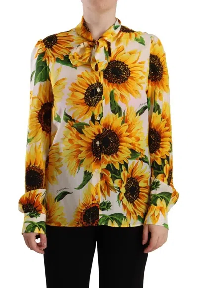 Pre-owned Dolce & Gabbana White Sunflower Silk Ascot Collar Blouse Women's Top ()