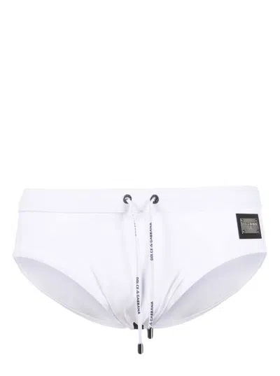 Dolce & Gabbana White Swim Briefs With Branded Drawstring And Logo Tag In Stretch Polyamide Man In Multicolor