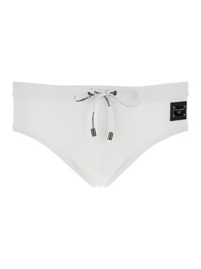 Dolce & Gabbana White Swimwear With Logo Drawstring And Logo Tag In Tech Fabric Man