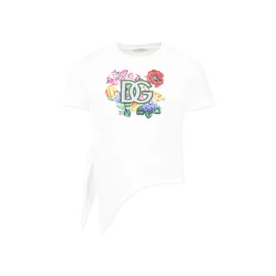 DOLCE & GABBANA WHITE T-SHIRT FOR GIRL WITH LOGO AND FLOWERS