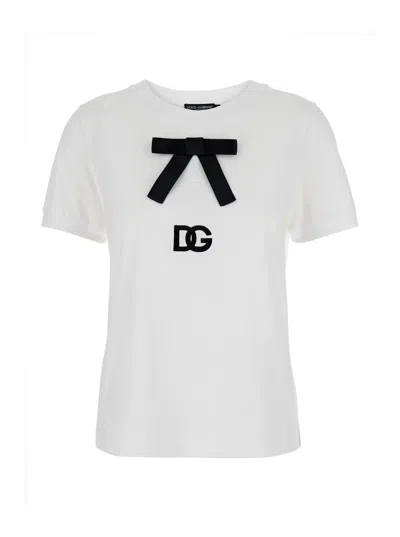 Dolce & Gabbana White T-shirt With Bow On The Front And Dg Logo In Multicolor