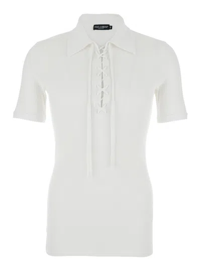 Dolce & Gabbana White T-shirt With Classic Collar And Cross Lace Closure On The Front In Cotton Stre In Multicolor