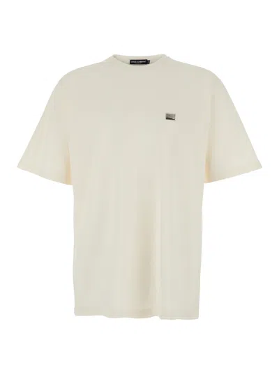 Dolce & Gabbana White T-shirt With Crew Neck And Applied Logo Plate On The Chest In Cotton Man In Neutral