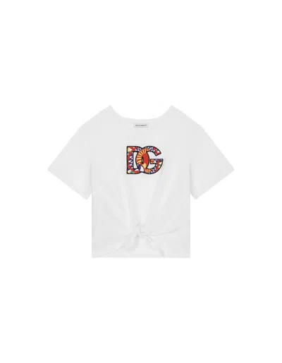 Dolce & Gabbana Kids' Carreto Logo-patch Knotted T-shirt In Opticalwht