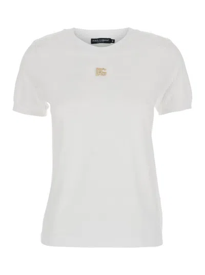 DOLCE & GABBANA WHITE T-SHIRT WITH DG LOGO ON THE FRONT FINISHED WITH RHINESTONES