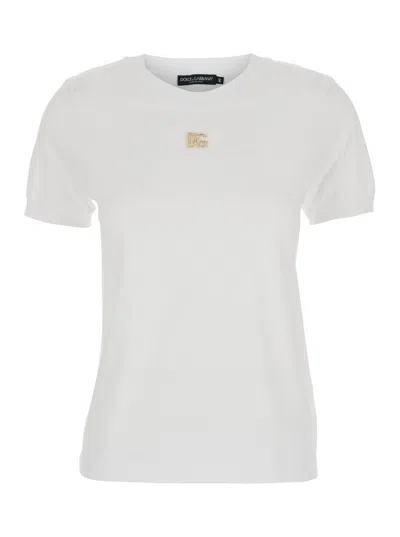 Dolce & Gabbana Cotton T-shirt With Strass Crystal Logo In White