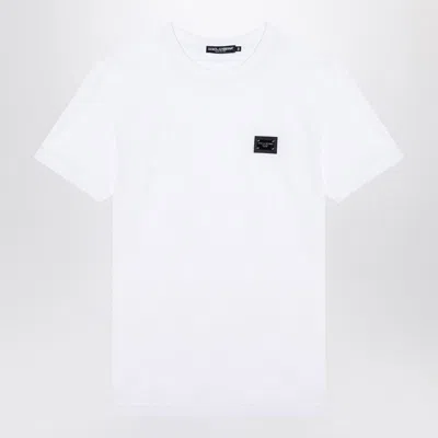 DOLCE & GABBANA WHITE T-SHIRT WITH LOGO PLAQUE