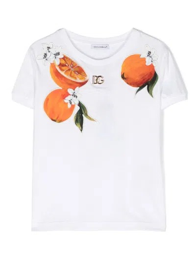 Dolce & Gabbana Kids' White T-shirt With Oranges Print In Bianco