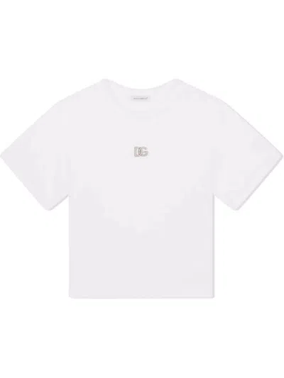 Dolce & Gabbana Kids' White T-shirt With Rhinestone Dg Logo
