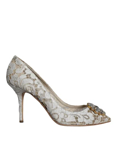 Pre-owned Dolce & Gabbana White Taormina Lace Crystal Heel Pumps Women's Shoes ()