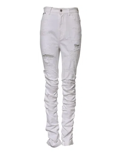 Pre-owned Dolce & Gabbana White Tattered Cotton High Waist Denim Women's Jeans ()