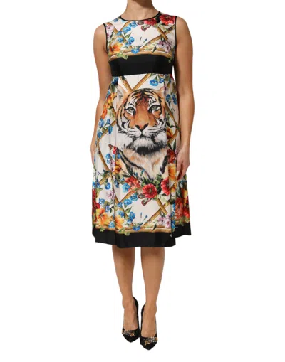 Dolce & Gabbana White Tiger Floral A-line Sleeveless Dress In Multi