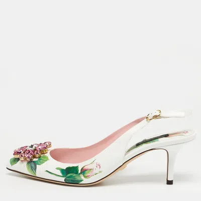 Pre-owned Dolce & Gabbana White Tropical Rose Print Leather Slingback Pumps Size 38.5