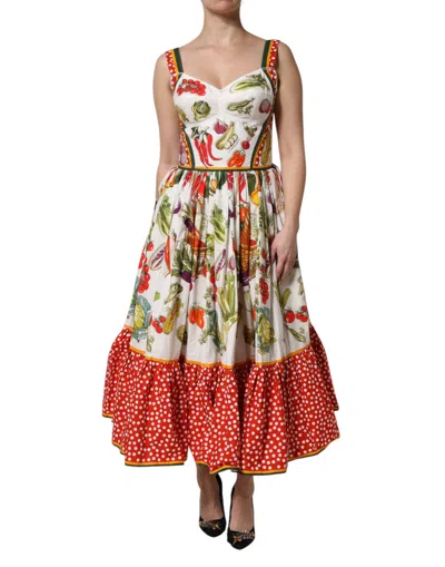 Dolce & Gabbana White Vegetables Sleeveless A-line Midi Dress In Multi