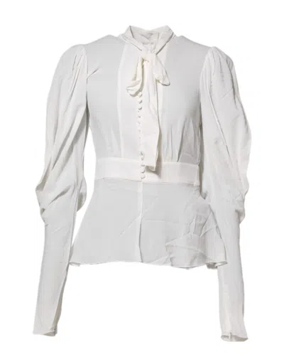 Dolce & Gabbana White Viscose Ascot Collar Long Sleeves Top