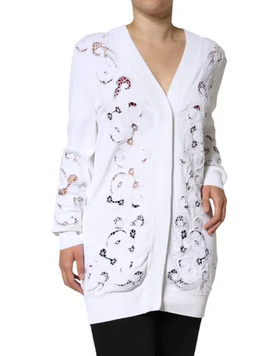 Pre-owned Dolce & Gabbana White Viscose Floral Cut Out Cardigan Women's Sweater ()