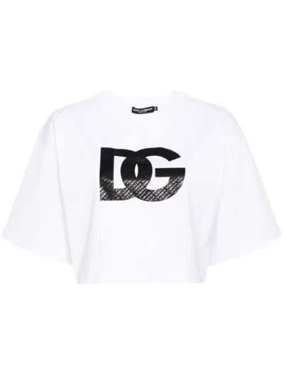 DOLCE & GABBANA WHITE WHITE LOGO CROPPED T-SHIRT