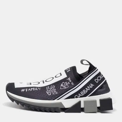 Pre-owned Dolce & Gabbana White/black Knit Fabric Sorrento Slip On Sneakers Size 36.5
