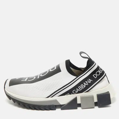 Pre-owned Dolce & Gabbana White/black Knit Fabric Sorrento Slip On Sneakers Size 37