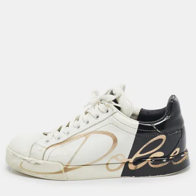Pre-owned Dolce & Gabbana White/black Leather And Patent Logo Print Portofino Sneakers Size 37