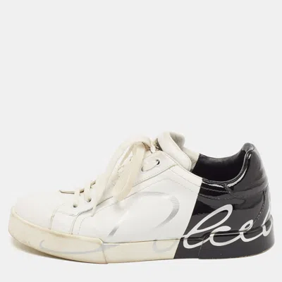 Pre-owned Dolce & Gabbana White/black Leather And Patent Portofino Lace Up Sneakers Size 40