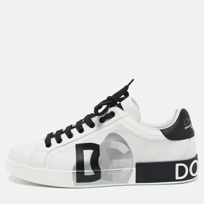 Pre-owned Dolce & Gabbana White/black Leather Portofino Sneakers Size 43.5