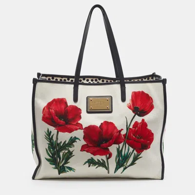 Pre-owned Dolce & Gabbana White/black Rose Print Canvas Shopper Tote