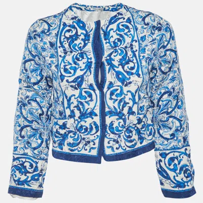 Pre-owned Dolce & Gabbana White/blue Majolica Print Silk Blend Crop Jacket 11-12 Yrs