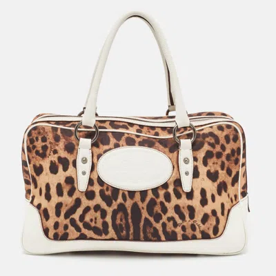 Pre-owned Dolce & Gabbana White/brown Leopard Print Canvas And Leather Logo Satchel