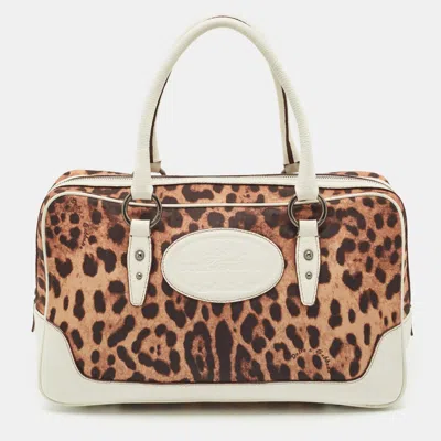 Pre-owned Dolce & Gabbana White/brown Leopard Print Fabric And Leather Satchel