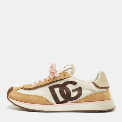 Pre-owned Dolce & Gabbana White/brown Suede And Leather Dg Cushion Sneakers Size 37.5