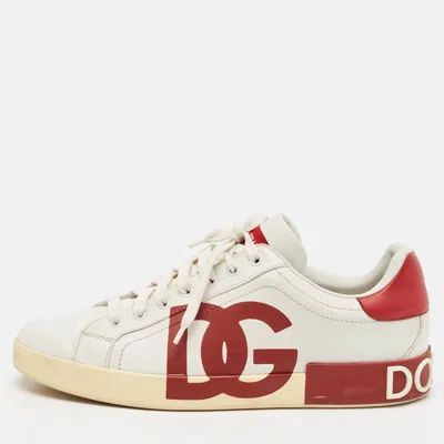 Pre-owned Dolce & Gabbana White/burgundy Leather Portifino Sneakers Size 44