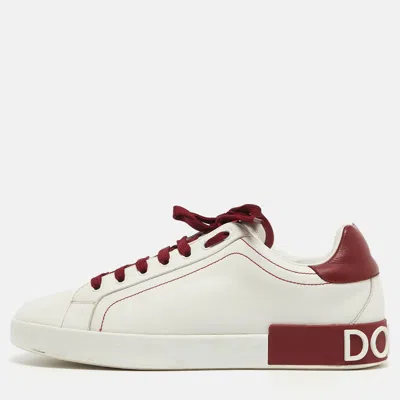 Pre-owned Dolce & Gabbana White/burgundy Leather Portifino Trainers Size 44