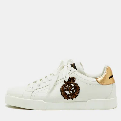 Pre-owned Dolce & Gabbana White/gold Leather Crown Patch Portofino Low Top Sneakers Size 44.5