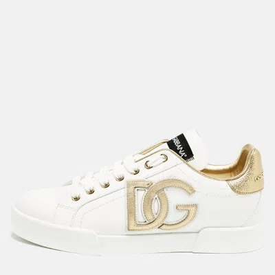 Pre-owned Dolce & Gabbana White/gold Leather Portofino Dg Logo Sneakers Size 39