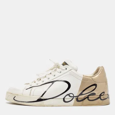 Pre-owned Dolce & Gabbana White/gold Leather Portofino Lace Up Sneakers Size 42