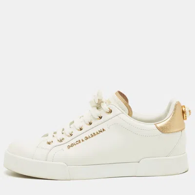 Pre-owned Dolce & Gabbana White/gold Leather Portofino Low Top Sneakers Size 39