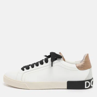 Pre-owned Dolce & Gabbana White/gold Leather Portofino Low Top Sneakers Size 40