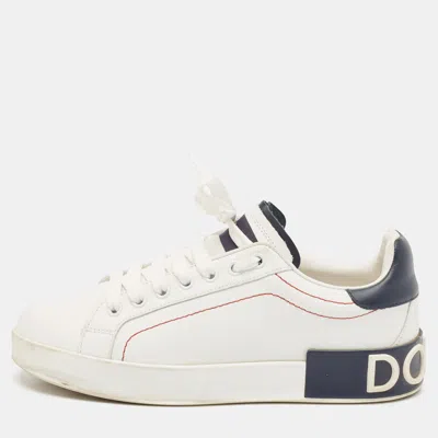 Pre-owned Dolce & Gabbana White/navy Blue Leather Portofino Low Top Sneakers Size 37